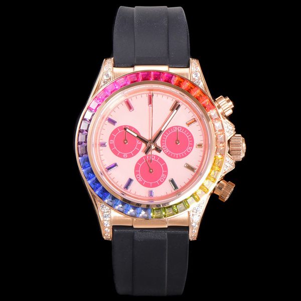 Relógio de diamante masculino 7750 movimento de temporização mecânica automática 40mm relógios arco-íris moda negócios relógio de pulso 904L pulseira de aço inoxidável 3 -círculo