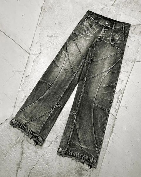 Jeans masculinos y2k destruído costura jeans masculino preto lavado jeans estilo gótico rua tendência roupas retro solto calças largas perna queda caras 231122