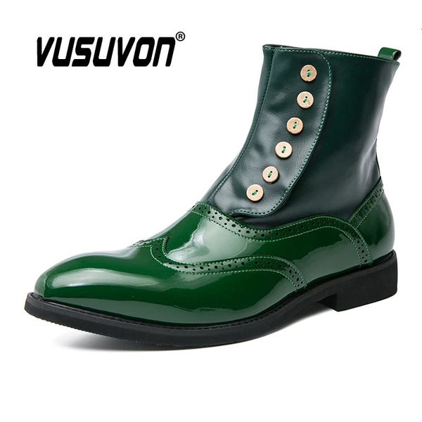 Boots Men Dress 38-46 Patente Leather Autumn Fashion Brogue Shoes confortável marca Black Green Safety Gladiador tornozelo fl FBE9