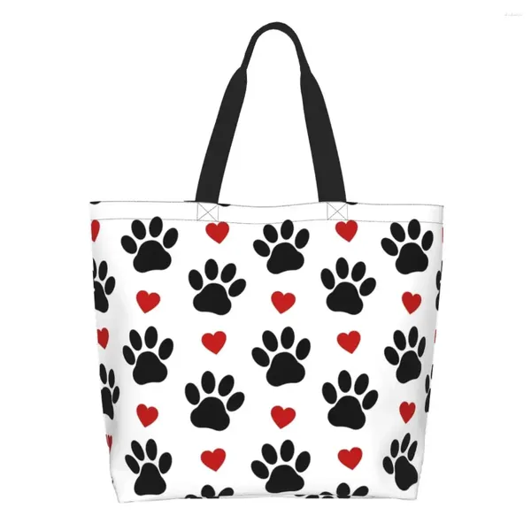 Sacos de compras padrão de compras de cachorro tote mulheres patas pretas corações vermelhos lona shopper ombro grande capacidade bolsa
