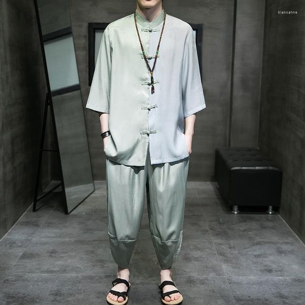 Conjuntos ativos de verão estilo chinês masculino esportivo de roupas esportivas calibre calça lose calça meditação