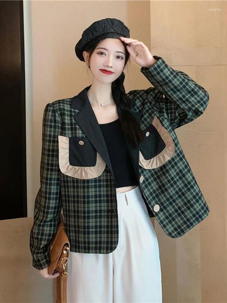 Ternos femininos vintage feminino verde xadrez blazer casaco elegante coreano outono inverno jaqueta retro manga longa todos os jogos senhora do escritório casual topo