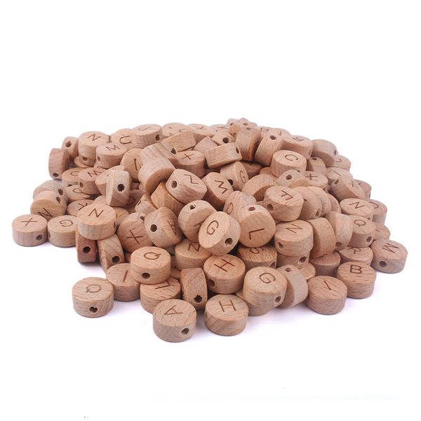 Baby Teethers Toys 50pcs perline piatte e rotonde in legno alfabeto perline in legno naturale perline per fai da te dentizione per bambini collana braccialetto ciuccio clip catena 230422