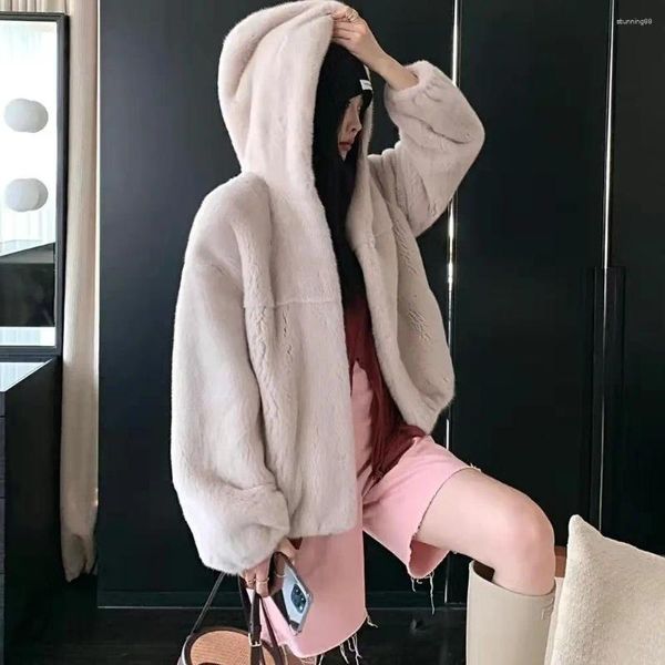 Frauen Pelz Nachahmung Faux Gras Dicken Mantel Frauen Beflockung Winter Warm Schließen Taille Offenen Stich Kapuze Kragen T943