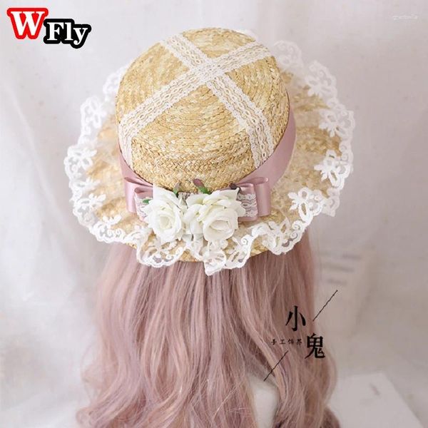 Berets Harajuku Mulheres Meninas Verão Chapéus de Palha Praia Chapéu de Sol Doce Lolita Princesa Lace Bow Flor Senhoras Chapéu de Sol Feito à Mão