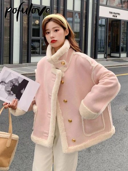 Женские плащи Розовая кашемировая куртка Женская короткая зимняя меховая однотонная парка со свободными строчками Маленькое корейское утепленное пальто с длинными рукавами