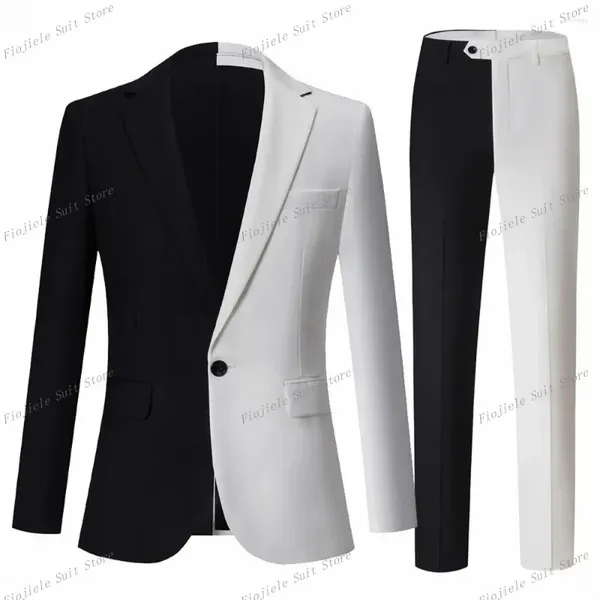 Abiti da uomo Abito da uomo elegante nero bianco con toppe da lavoro Set di pantaloni slim fit con risvolto dentellato Un bottone 2 pezzi Smoking da cena per la festa nuziale