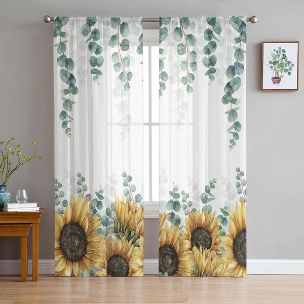 Cortina eucalipto folhas de girassol com cortinas puras de decoração de janelas de casa tule de voile para a cozinha do quarto da sala de estar