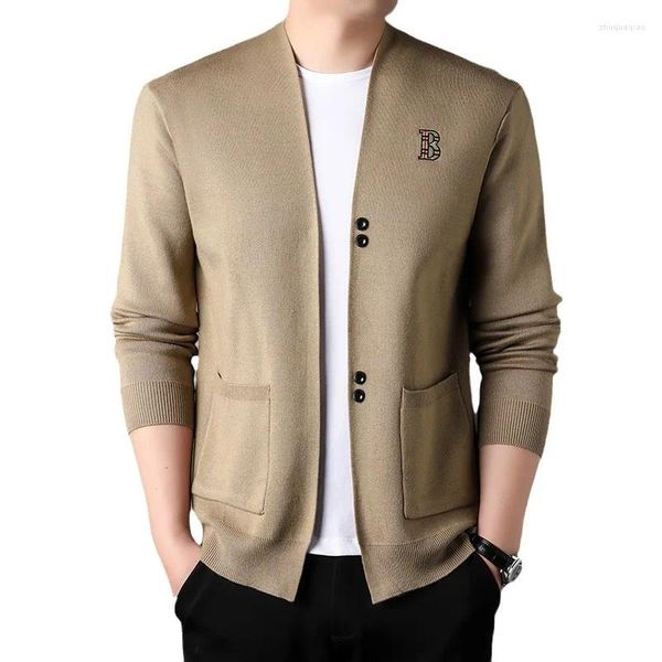 Camisolas masculinas marca leve luxo fino-encaixe roupas malhas bolso com decote em v jaqueta de lã solta casual malha cardigan