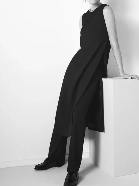 Vestidos casuais preto 2023 outono em torno do pescoço sem mangas simples longo colete lateral fenda vestido de fundo feminino ocasião formal