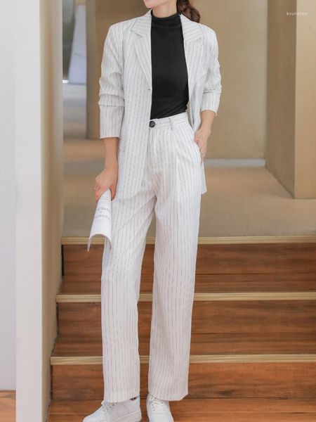 Calças de duas peças femininas Blazer e definem Vintage Casual Stripe White Black Suit Jackets Straight Business feminino moda 2