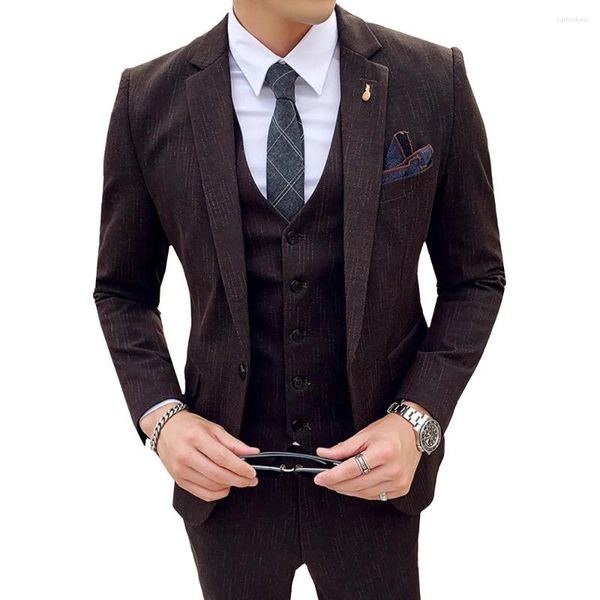 Ternos masculinos 3 pçs conjunto estilo britânico casaco colete calças masculino fino ajuste vestido de casamento smoking negócios casual jaqueta calças colete