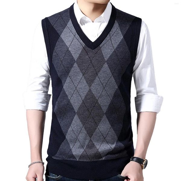 Herrenwesten Autum Men Fashion Argyle Pullover Pullover V-Ausschnitt Strickweste Strickwaren Tops Ärmellos Freizeitkleidung Büro Business Kleidung