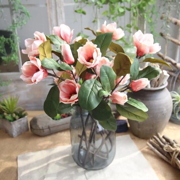 Flores decorativas artificial folha falsa magnólia floral buquê de casamento festa casa rosas de madeira com hastes cesta de flores em massa