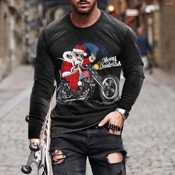 T-shirt da uomo Camicia con stampa Babbo Natale 3D per uomo Moda Natale Harajuku T-shirt in cotone a maniche lunghe Casual O-Collo Top oversize