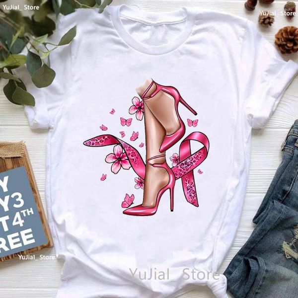Женские футболки, рубашка с принтом, посвященная раку груди, женские розовые высокие туфли, футболка Femme, летняя футболка с короткими рукавами, женская футболка