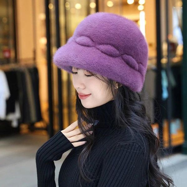 Berets Damen Elegante Zylinder Mode Echt Nerz Warme Koreanische Hochwertige Casual Outdoor Winter Verdickte Fischer