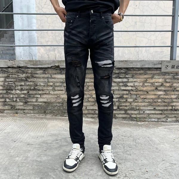 Мужские джинсы Уличная мода Мужские ретро черные серые эластичные узкие брюки с рваными белыми кожаными заплатками Дизайнерские брендовые брюки в стиле хип-хоп