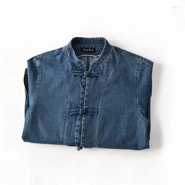 Männer Jacken Chinesischen Stil Disc Schnalle Denim Hemd Jacke Unisex Baumwolle Gewaschen Casual Stehkragen Jeans Mantel Für Männer frühling Herbst