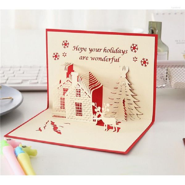 Grußkarten 3D Weihnachten kreative aushöhlen handgefertigte Weihnachtsbaumhaus Schloss Postkarten für Kinder Freunde Eltern