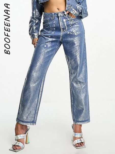 Мужские джинсы BOOFEENAA, металлические, золотистые, серебряные прямые брюки с высокой талией для женщин, уличная одежда, винтажные осенние джинсовые брюки C85 HG65 231122