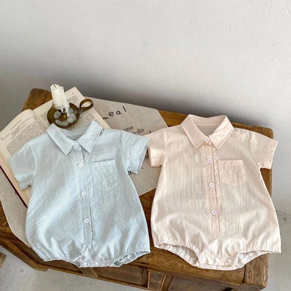 Комбинезоны, лето 2023, одежда для малышей, клетчатый боди с короткими рукавами для мальчиков, рубашка с отложным воротником, комбинезон из хлопка для малышей, цельный комбинезон