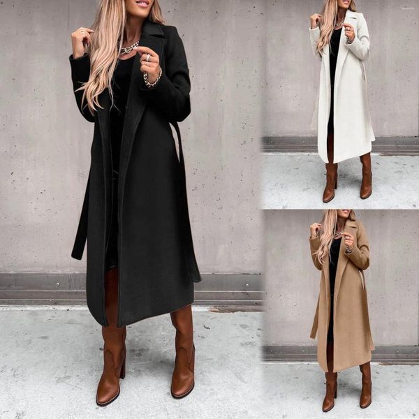 Trench da donna Camicetta in lana sintetica Cappotto sottile Giacca lunga Cintura sottile da donna Cappotto elegante Capispalla in pile Zip up