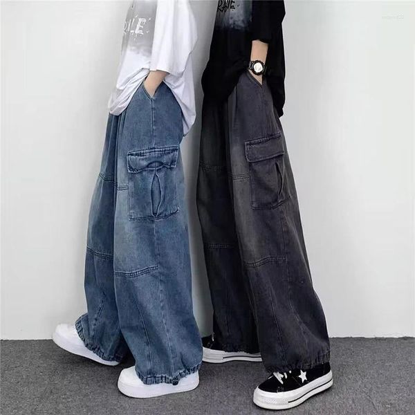 Männer Jeans Japanische Retro Breite bein Große Tasche Overalls Männer Casual Lose Breite Bein Sommer Herbst Mode Gerade Hosen