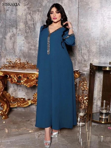 Casual Dresses Siskakia Diamond Tape V-Ausschnitt Trim Ethnische Abaya Kleid für Frauen Dubai Türkei Arabisch Oman Marokko Kaftan Kurze muslimische Robe