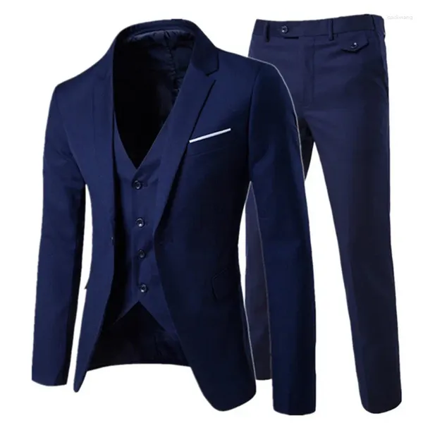 Erkekler 2023 En çok satan lacivert düğün erkekler takım elbise 3 adet (ceket pantolon yelek kravat) özel yapım damat smokin ince fit erkekler