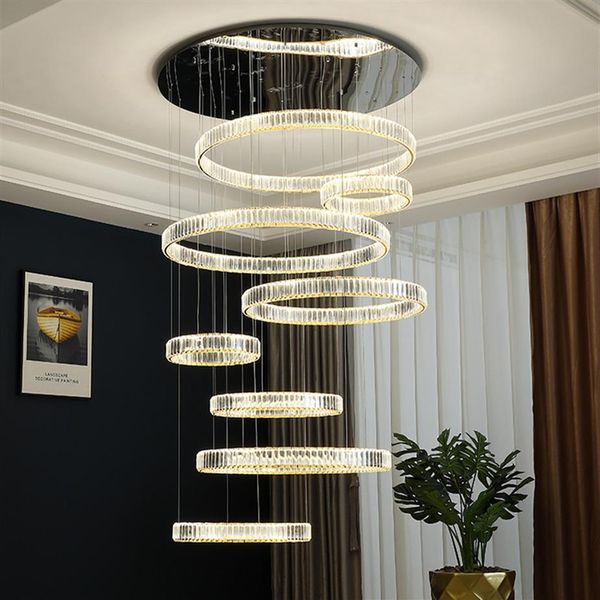 Moderner LED-Crytal-Ring-großer Kronleuchter für Duplex-Villa-hohle Wendeltreppe Luxus-Edelstahl-lange Pendelleuchten 3 Color278K