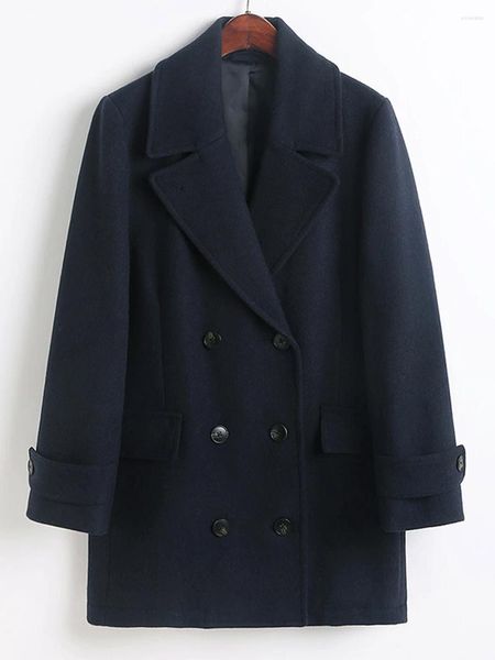 Trench da donna Abbigliamento donna Alta qualità Blu navy Morbido feltro Misto lana Giacca a doppio petto Silhouette Cappotto corto Donna