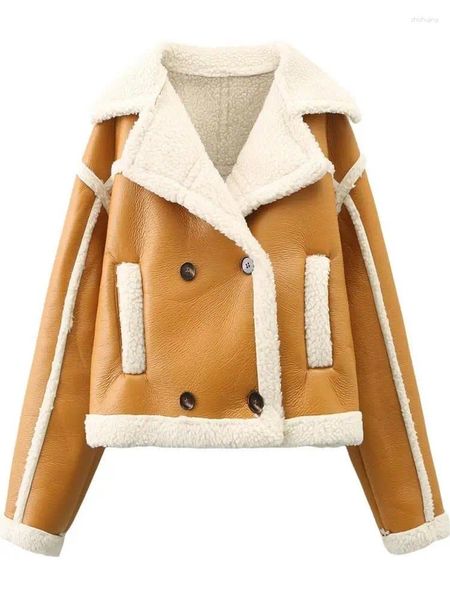 Jaquetas femininas ZXQJ Mulheres 2023 Moda Grosso Casaco Quente Manga Longa Lapela Feminino Zipper Lamb Fur Forro Outerwear