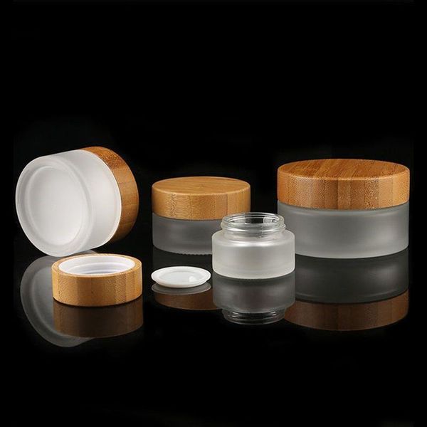 Matglazen cosmetische potten Hand-/gezichts-/lichaamscrèmeflessen Reisformaat 20g 30g 50g 100g met natuurlijke bamboe dop PP binnendeksel Pwwai
