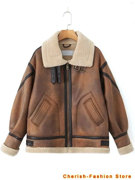 Couro feminino inverno streetwear falso pele de cordeiro jaqueta longa com cinto moto motociclista grosso quente casaco de pele carneiro outwear marrom