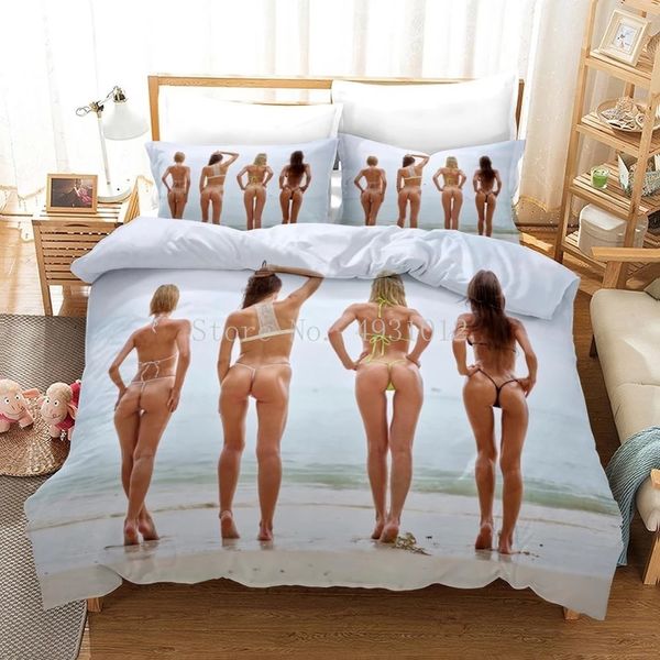 Set di biancheria da letto Sexy Glutei Ragazza Bikini Set Aldult Arredamento camera da letto Fodere da letto in poliestere 3 pezzi Copripiumino con federa 230422