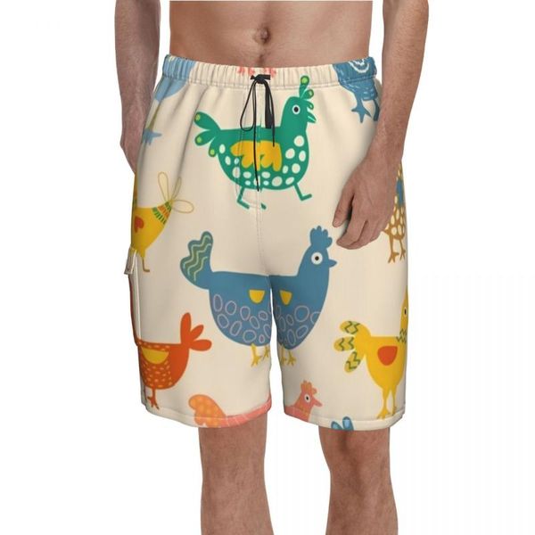 Shorts masculinos coloridos galinheiros tábua de fazenda impressão clássica de calças curtas impressão masculina de baús de natação de tamanho grande