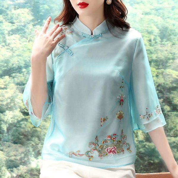 Ethnische Kleidung Chinesischer Stil Frauen Hanfu Vintage Chiffon Stickerei Tang Top Klassische Stehkragen Qipao Hemd Elegante Damenbluse