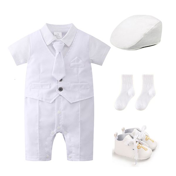 Giyim Setleri Vaftiz Bebek Erkekler Takım 0-24 aylık Bebek Yaz Beyefendisi Resmi Kostüm Beyaz Romper Kravat Doğum Günü Elbise 230422