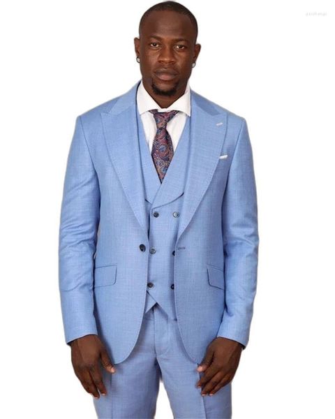 Abiti da uomo Set di blazer azzurro 3 pezzi Risvolto con visiera Abito da uomo monopetto per abiti da sposa da sposo Smoking formale slim fit da lavoro