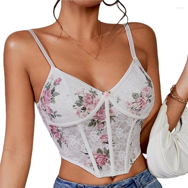 Tanques femininos moda vintage mulheres espartilho top verão floral impressão renda espaguete cinta bustiers y2k roupas