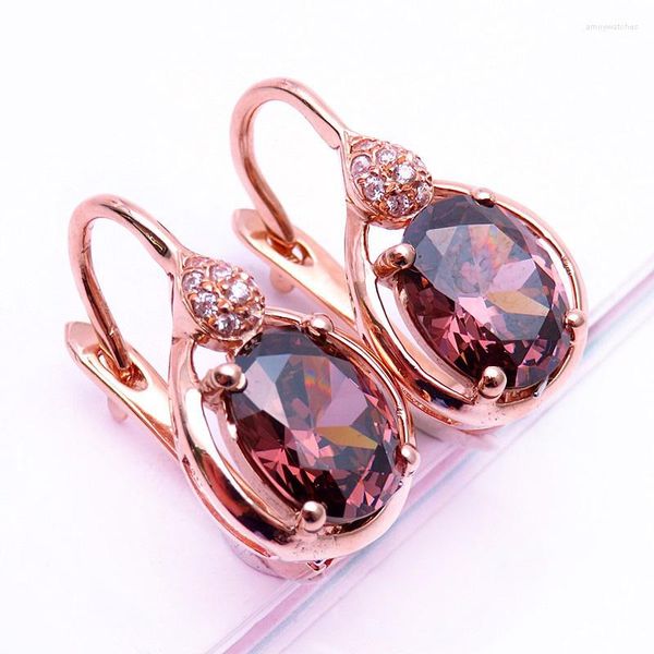 Brincos de balanço 585 Purple Gold Bathed 14K Rose Inclaid Water Gotes Ruby For Women Luxuado Sweet Noivage Jewelry