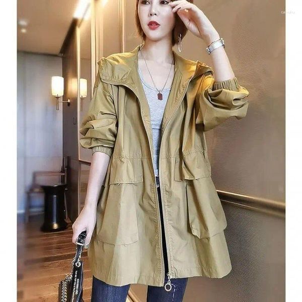 Casacos de Trench das Mulheres Plus Size S-3XL Mulheres Jaqueta Windbreaker Com Capuz Primavera Outono Moda Chic Casual Elegante Casaco Solto Preto Khaki