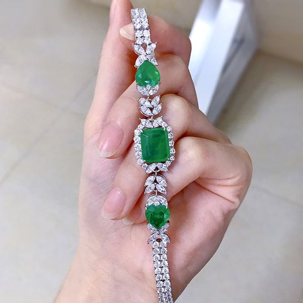 Luxus Blume Smaragd Diamant Armreif 100% Echt 925 Sterling Silber Hochzeit Armbänder für Frauen Braut Versprechen Schmuck