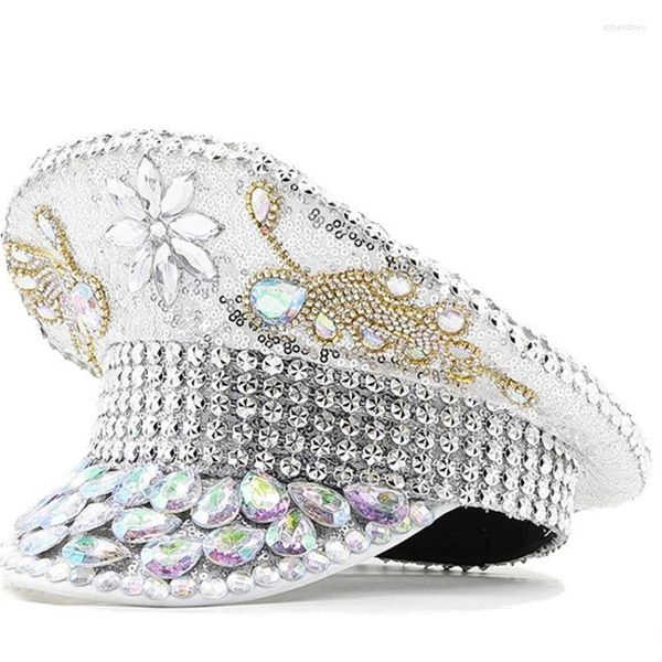 Berretti Cappello da sposa per feste danzanti Cappellino Fedora glitterato Festival musicale Costume da donna Cappelli da capitano borchiati con paillettes