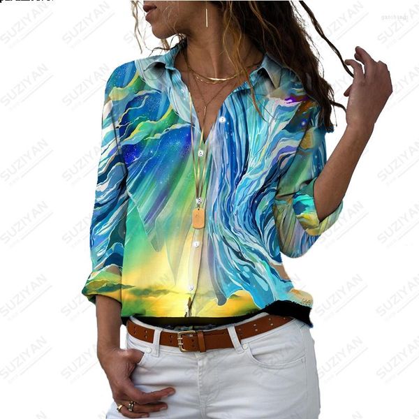 Blusas femininas camisa de verão manga longa paisagem flor gato 3d impressão digital venda polo botão casual top cardigan