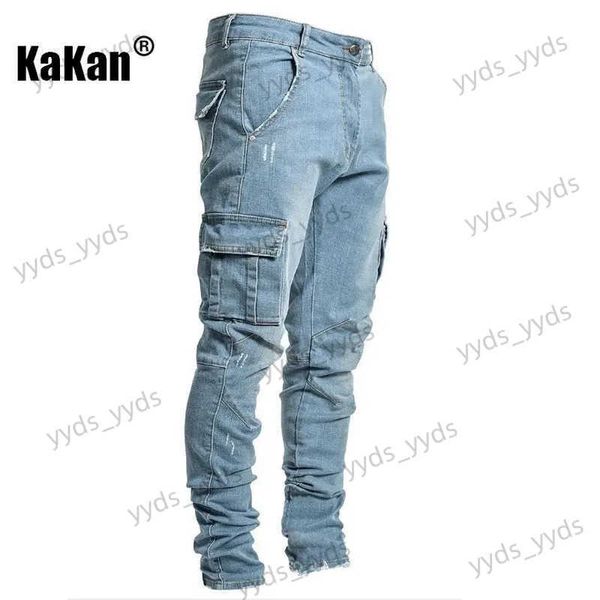 Jeans da uomo Kakan - Jeans nuovi da uomo estivi europei e americani Azzurro nero Tasca laterale Jeans attillati a gamba piccola K08-686 T231123