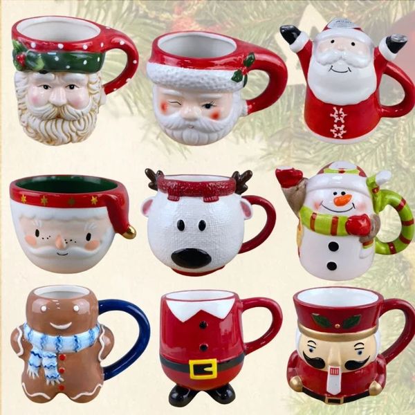 Canecas 2024 Natal Caneca Cerâmica Caneca Lid Criativo Água Café Cerveja Leite Dos Desenhos Animados Presente Papai Noel Boneco de Neve 200 / 600ml 231122