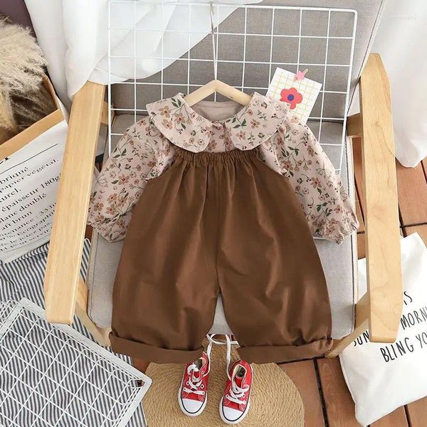 Set di abbigliamento Completo da ragazza Autunno Alla moda Elegante floreale Top a maniche lunghe e pantaloni con bretelle Set di due pezzi Vestiti per bambina