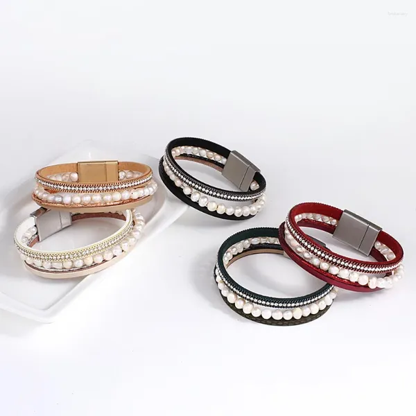 Charme pulseiras aliados naturais pérolas de água doce couro para mulheres simples incrustado strass cadeia envoltório pulseira pulseira jóias